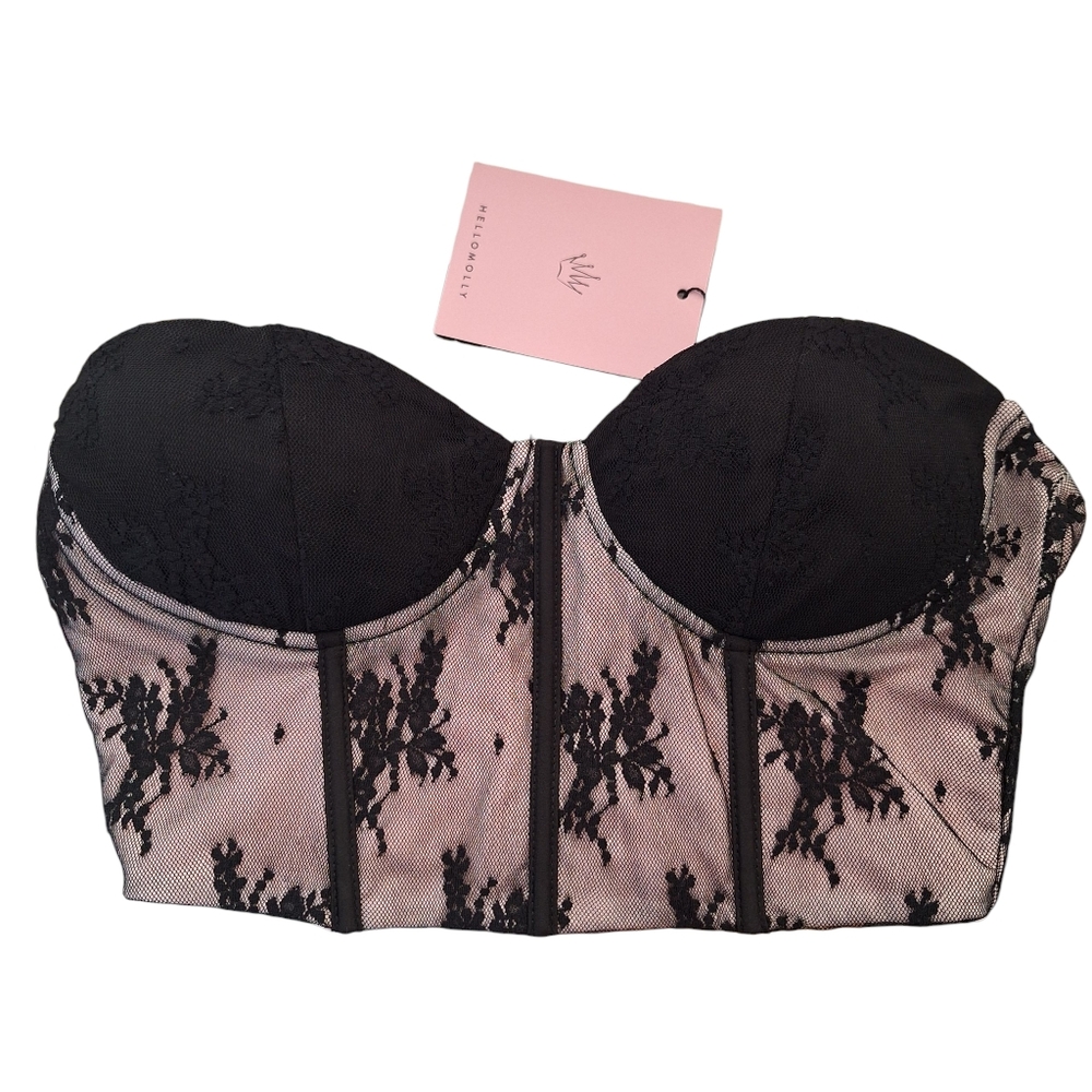 New Hello Molly Corset Crop Bustier Top Womens XS Black Pink Lace Strapless Boho